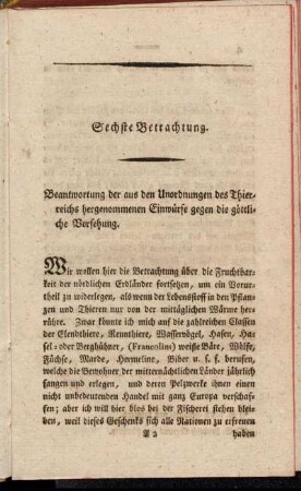 Sechste Betrachtung. Beantwortung der aus den Unordnungen des Thierreichs hergenommenen Einwürfe gegen die göttliche Vorsehung.