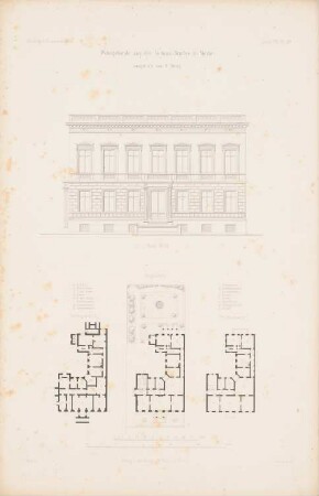 Wohngebäude Viktoriastraße, Berlin: Grundriss EG, 1.OG, Ansicht (aus: Atlas zur Zeitschrift für Bauwesen, hrsg. v. G. Erbkam, Jg. 8, 1858)