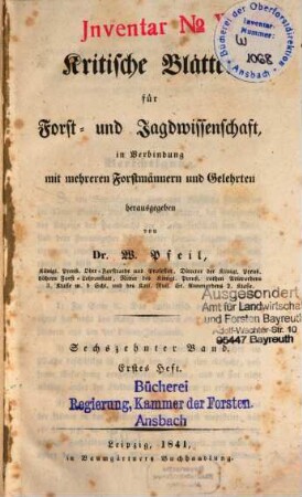 Kritische Blätter für Forst- und Jagdwissenschaft. 16. 1841