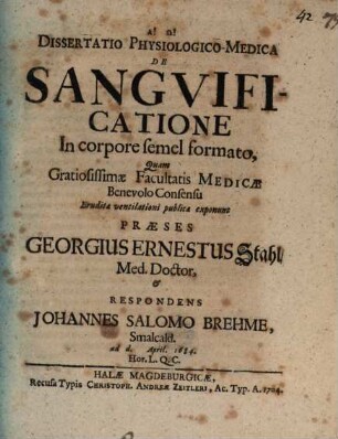 Dissertatio Physiologico-Medica De Sangvificatione In corpore semel formato