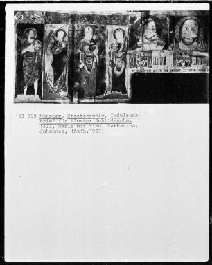 Indulgenzbrief für Kloster Schildsche mit der Darstellung einer Madonna, der heiligen Katharina und dem heiligen Johannes Baptista
