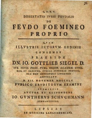 Dissertatio Ivris Fevdalis De Fevdo Foemineo Proprio