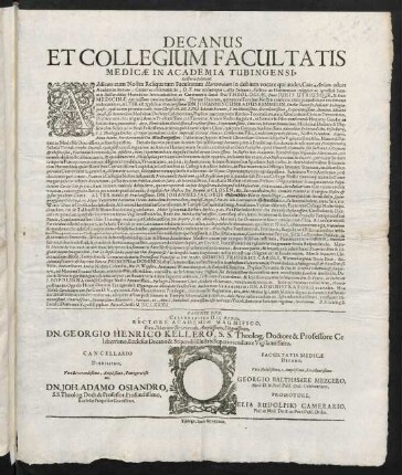 Decanus Et Collegium Facultatis Medicae In Academia Tubingensi, Lecturis Salutem!