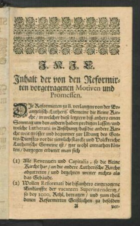 Inhalt der von den Reformirten vorgetragenen Motiven und Promessen