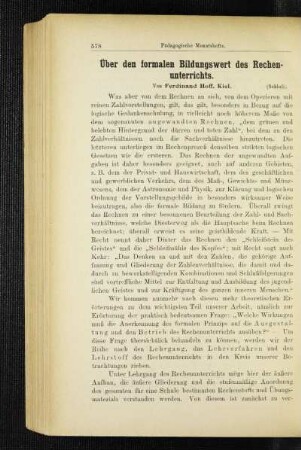 Über den formalen Bildungswert des Rechenunterrichts : (Schluß)