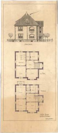 Billing, Hermann; Einfamilienhaus - Fassade Front (Ansicht; Grundriss EG und 2. OG)