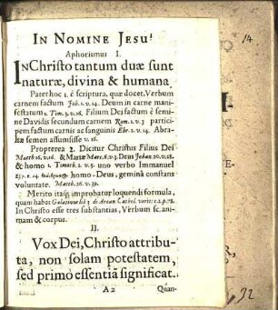 Aphorismus I. INChristo tantum duæ sunt naturæ, divina & humana.