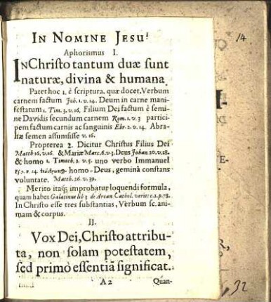 Aphorismus I. INChristo tantum duæ sunt naturæ, divina & humana.