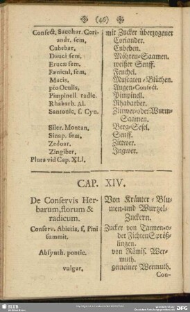 Cap. XIV. De Conservis Herbarum, florum & radicum