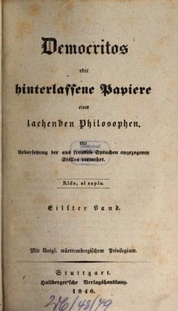 Carl Julius Weber's sämmtliche Werke, 26. Democritos oder hinterlassene Papiere eines lachenden Philosophen