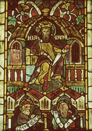 Chorfenster, Meißner Dom : Judenkönig Joa-tam und die Propheten Moses und Elias. Meißen. Dom Chorscheitelfenster, mittlere Fensterbahn, 3. Scheibe von oben