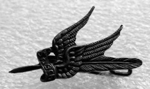 Stenographenabzeichen Stolze-Schrey (mit Broschennadel) : Sammlung Beinhorn. Stenographenabzeichen Stolze-Schrey (Geflügelte Feder, mit Broschennadel). Metall; Maße 13 x 24,5 mm (nach 1897). Dresden: SLUB R c 0230