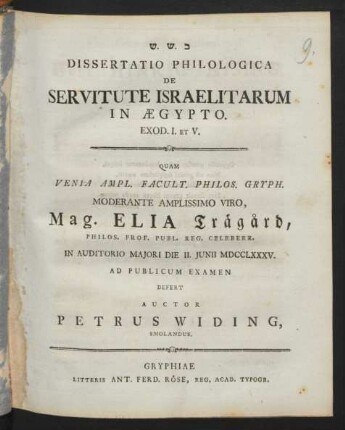 Dissertatio Philologica De Servitute Israelitarum In Ægypto. : Exod. I. Et V.