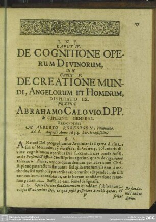 Caput IV. De Cognitione Operum Divinorum, Ut & Caput V. De Creatione Mundi, Angelorum Et Hominum