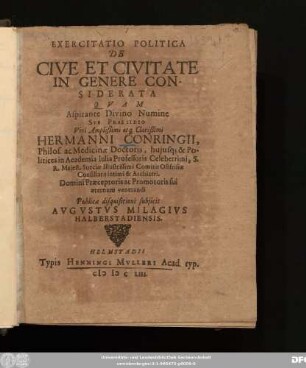 Exercitatio Politica De Cive Et Civitate In Genere Considerata