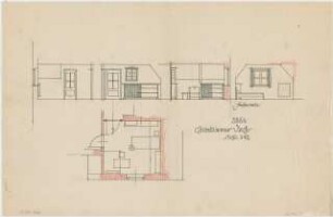 Döllgast, Hans; Möbel und Bühnengestaltung - Giebelzimmer DuDJr. (Wandabwicklungen; Grundriss)