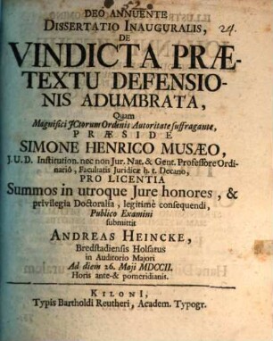Dissertatio Inauguralis, De Vindicta Prætextu Defensionis Adumbrata