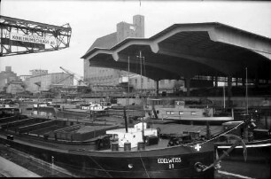 Basel: Überdachte Laderampe im Rheinhafen, vom Hafen aus