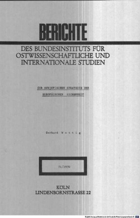 Zur sowjetischen Strategie der europäischen Sicherheit