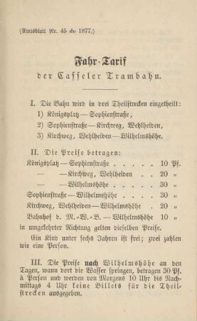 Fahr-Tarif der Casseler Trambahn.