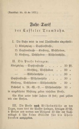 Fahr-Tarif der Casseler Trambahn.