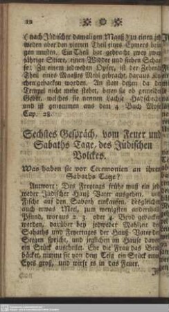 Sechstes Gespräch, vom Feuer und Sabaths Tage, des Jüdischen Volckes