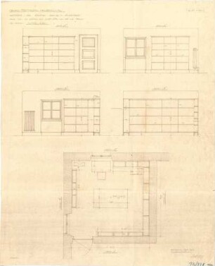 Fischer, Theodor; Heilbronn; Stadt-Theater - Ausstattung der Bibliothek Raum 69 im Bühnenhaus (Grundriss, Wandabwicklungen)