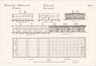 Schlachthof und Viehmarkt, Breslau Stall für Großvieh: Grundriss Erdgeschoss Dachgeschoss Querschnitte Längsschnitt Giebel- und Längsansicht 1:100