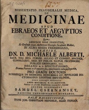 Dissertatio inauguralis medica de medicinae apud Ebraeos et Aegyptios conditione