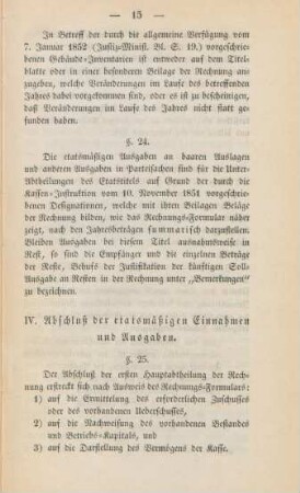 IV. Abschluß der etatmäßigen Einnahmen und Ausgaben