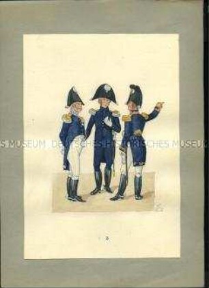 Uniformdarstellung, Inspekteure aux reserve in Gala bzw. Interim, Generalinspekteur in Gala, Sachsen, 1810/1811. Veränderte Kopie aus: Abbildung der neu organisierten Königlich-Sächsischen Armee.