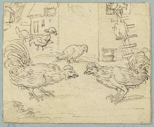 Die beiden Hähne, Nachzeichnung einer Illustration in De warachtighe Fabulen der Dieren. Brügge 1567, S. 92