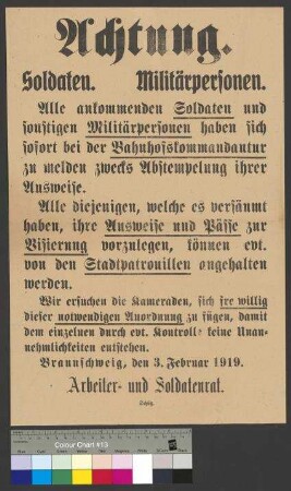 Anordnung des Arbeiter- und Soldatenrates Braunschweig zur Registrierung der Ausweise und Pässe von Soldaten und Militärangehörigen