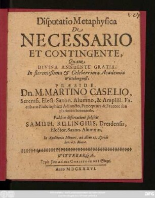 Disputatio Metaphysica De Necessario Et Contingente