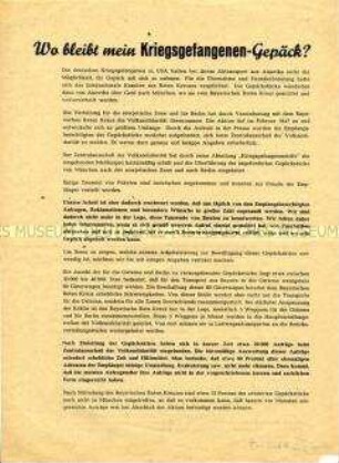 Informationsblatt der Kriegsgefangenenhilfe der Volkssolidarität zum Erhalt des Gepäcks von Heimkehrern aus den USA