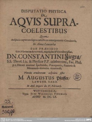 Disputatio Physica De Aquis Supracoelestibus