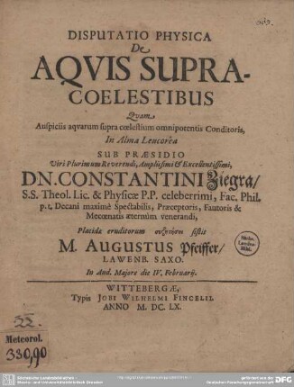 Disputatio Physica De Aquis Supracoelestibus