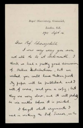 Nr. 3: Brief von Arthur Stanley Eddington an Karl Schwarzschild, London, 14.9.1911