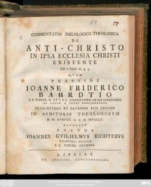 Commentatio Philologico-Theologica De Anti-Christo In Ipsa Ecclesia Christi Existente : Ad 2 Thess. II, 3. 4.