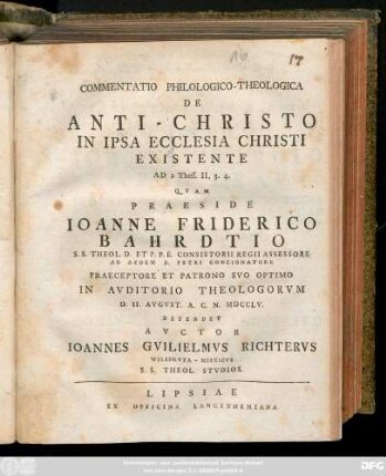 Commentatio Philologico-Theologica De Anti-Christo In Ipsa Ecclesia Christi Existente : Ad 2 Thess. II, 3. 4.
