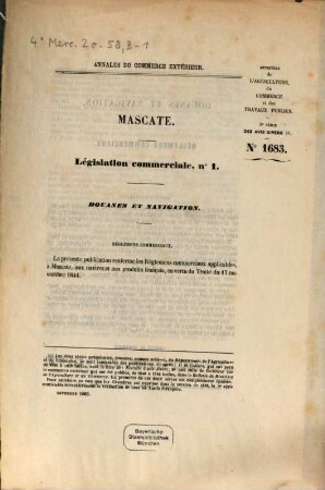 Annales du commerce extérieur. Mascate. Législation commerciale. 1, 1. 1866