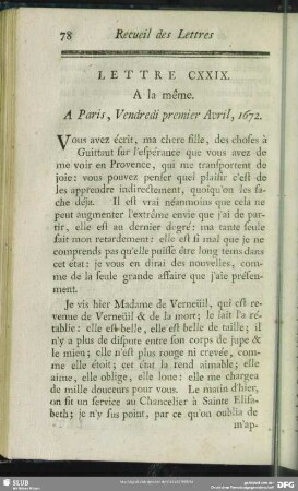 Lettre CXXIX. A la même. A Paris, Vendredi premier Avril, 1672