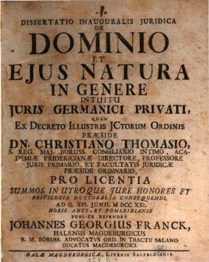 Dissertatio Inauguralis Juridica De Dominio Et Ejus Natura In Genere Intuitu Juris Germanici Privati