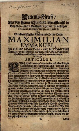 Articuls-Brieff, Der bey Seiner Churfürstl. Durchleucht in Bayrn, etc. Unsers Gnädigisten Herrns, sambtlichen Soldatesca zuverlesen, vnd zu observieren ist