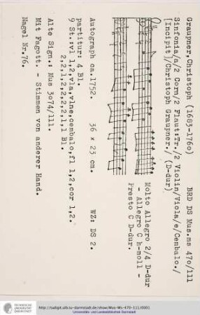 Sinfonia / a / 2 Corn / 2 Flaut: Tr. / 2 Violin / Viola / e / Cembalo. / [Incipit] / Christoph Graupner.