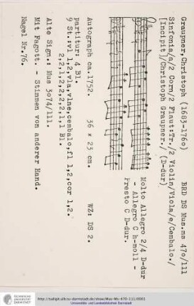 Sinfonia / a / 2 Corn / 2 Flaut: Tr. / 2 Violin / Viola / e / Cembalo. / [Incipit] / Christoph Graupner.