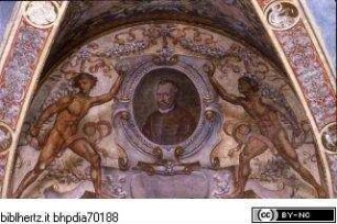 Gewölbedekoration mit allegorischem Tageszeitenzyklus und Künstlerporträts, Stichkappe mit dem Porträt Palestrinas und einem Notenauszug aus dessen Stabat Mater