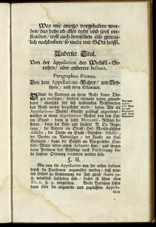 Anderter Titul. Von der Appellation des Wechsel-Gerichts / oder anderter Instanz.