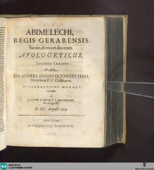 Abimelechi, Regis Gerarensis Saram domum ducentis Apologeticus