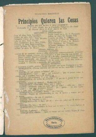 1920013100: Principios quieren las cosas : pieza en un acto y dos cuadros